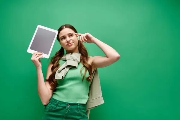 Una joven de unos 20 años sostiene una tableta y posa confiadamente en un estudio con un fondo verde. - foto de stock