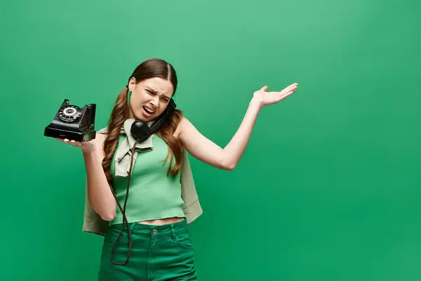 Eine junge Frau in ihren Zwanzigern hält eine Kamera in der Hand, während sie in einem Studio mit grünem Hintergrund mit einem Retro-Telefon spricht. — Stockfoto