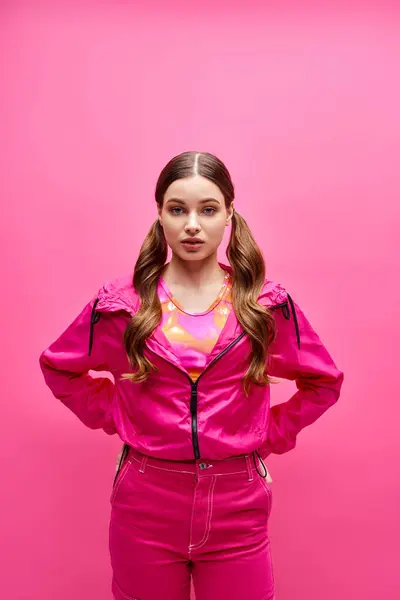 A stylish woman in her 20s strikes a confident pose in front of a vibrant pink background. — Stock Photo