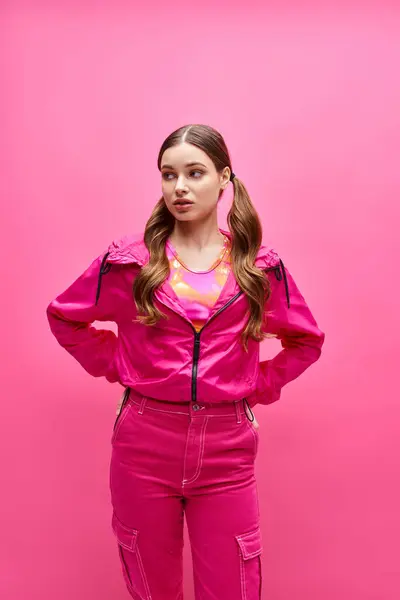 A young woman in her 20s wearing a fashionable pink outfit poses gracefully in a studio with a vibrant pink background. — Stock Photo