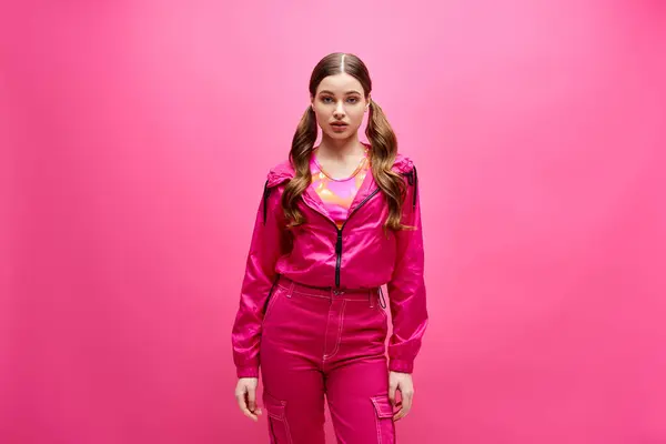 A young, stylish woman in her 20s wearing a pink outfit poses elegantly in front of a matching pink background. — Stock Photo