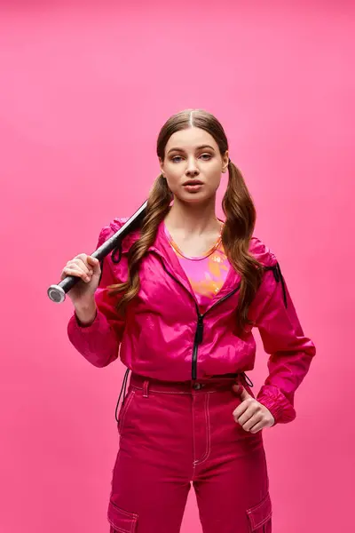 A stylish girl in her 20s, dressed in a pink outfit, confidently holds a baseball bat in a studio with a pink background. — Stock Photo
