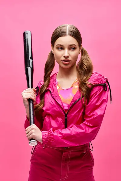 Une femme élégante dans la vingtaine, revêtue d'une tenue rose, tient avec confiance une batte de baseball dans un cadre de studio dynamique. — Photo de stock