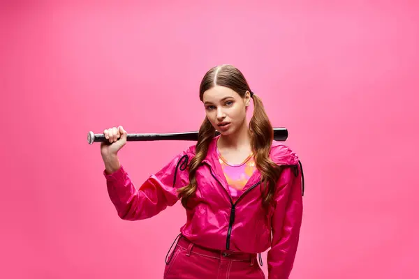 A young, stylish woman in her 20s clad in a pink outfit confidently holds a baseball bat against a vibrant pink backdrop. — Stock Photo
