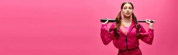 A stylish young woman in her 20s holding baseball bat in front of her face in a studio with a pink background. — Stock Photo