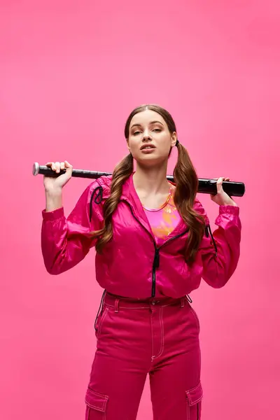 Una giovane donna elegante sulla ventina tiene con fiducia una mazza da baseball su uno sfondo rosa vibrante. — Foto stock