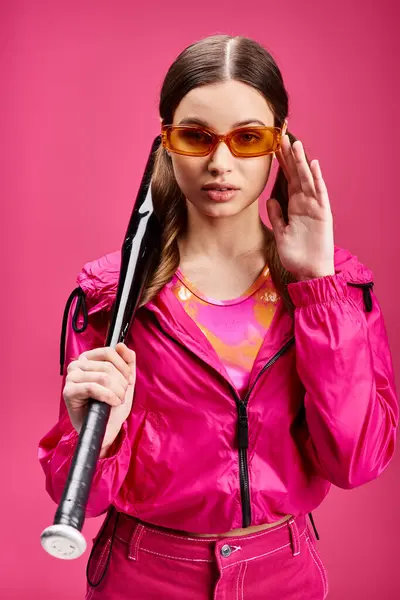 Eine stilvolle Frau in ihren Zwanzigern in pinkfarbener Jacke hält selbstbewusst einen Baseballschläger vor rosa Hintergrund. — Stockfoto