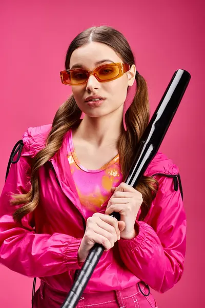 Una giovane donna sulla ventina che indossa una giacca rosa tiene con fiducia una mazza da baseball in un ambiente da studio con uno sfondo rosa. — Foto stock