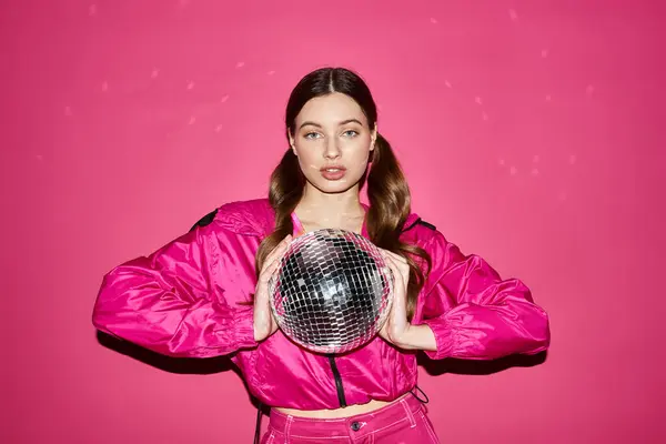 Stylish young woman in her 20s, wearing a pink jacket, holding a disco ball, against a vibrant pink background. — Stock Photo