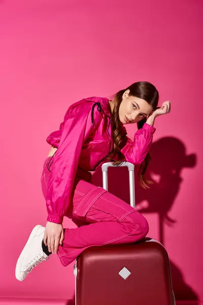 Una giovane donna elegante sulla ventina seduta su una valigia rossa su uno sfondo rosa. — Foto stock