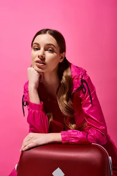 Una chica joven y elegante de unos veinte años se sienta encima de una maleta de color rojo brillante en un estudio, sobre un fondo rosa. - foto de stock