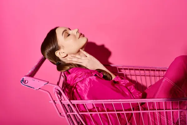 A young stylish woman in her 20s sits inside a pink shopping cart against a vibrant pink background. — Stock Photo