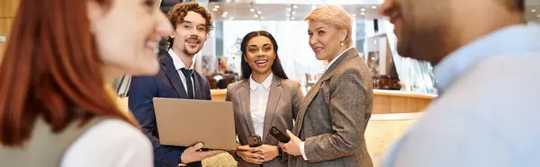 Multicultural business team collaborates in a circle. — Stock Photo