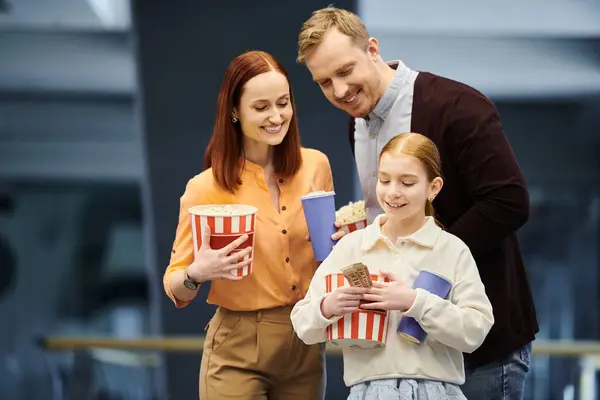 Un uomo e una famiglia tengono felicemente scatole di popcorn al cinema, legando mentre guardano un film insieme.. — Foto stock