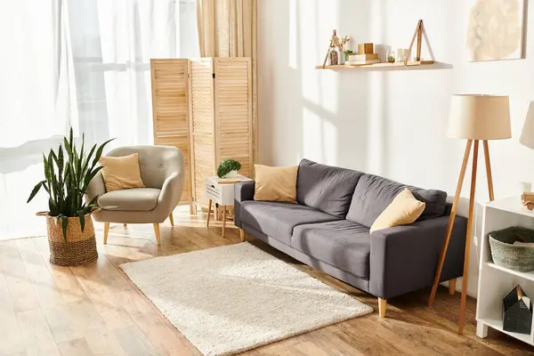 Foto objeto de sala de estar contemporânea bem mobilada com sofá e poltrona em cores pastel — Fotografia de Stock