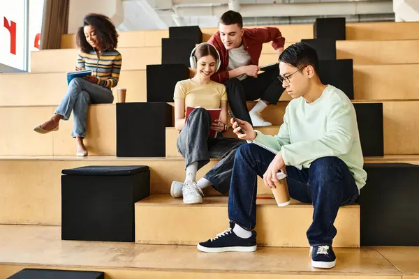 Estudiantes multiculturales se sientan y charlan en un conjunto de escaleras interiores, abrazando la diversidad en la educación — Stock Photo