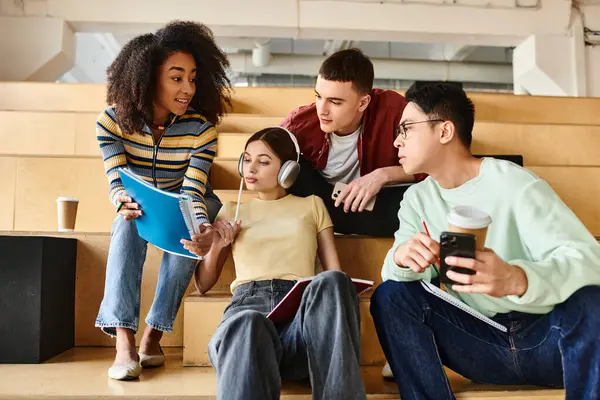 A group of diverse students, including an African American girl, sit on a bench indoors, engaging in conversation and relaxation — Stock Photo