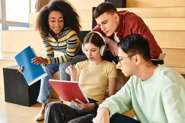 Multicultural group of students sit on the floor, sharing stories and laughter while forming connections and building relationships — Stock Photo