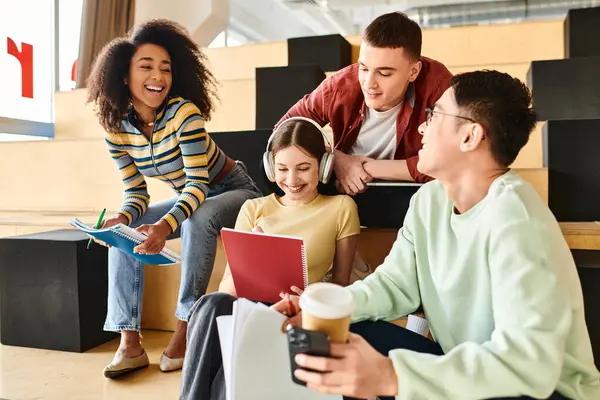 Various students from different backgrounds sitting closely, exchanging ideas and insights in an educational setting — Stock Photo