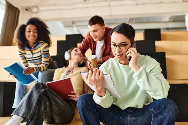 Multicultural students sit on the floor, absorbed in phone conversations, fostering connections in an educational setting — Stock Photo