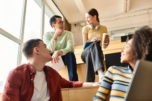 Multicultural students deeply engrossed in a discussion, sharing knowledge and experiences in an educational setting — Stock Photo