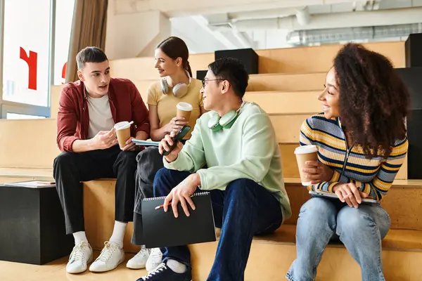 Multicultural students, including African American girl, sitting together on steps, engaged in discussion — Stock Photo