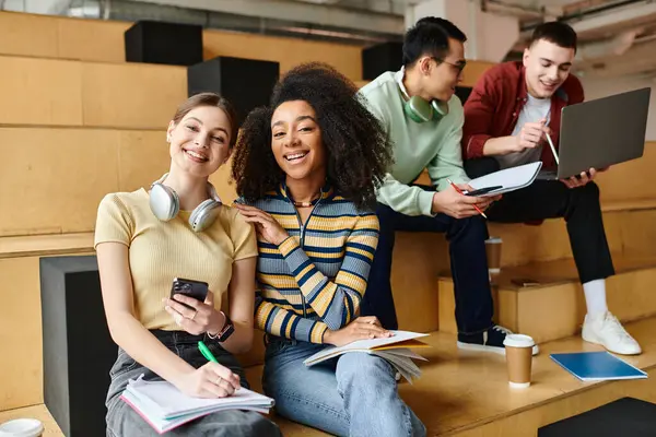 Multicultural students, including an African American girl, sitting together on stairs, discussing and relaxing. — Stock Photo