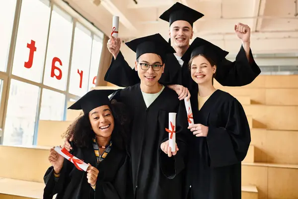 Un grupo diverso de estudiantes en trajes de graduación y gorras posando para un momento de celebración juntos. - foto de stock