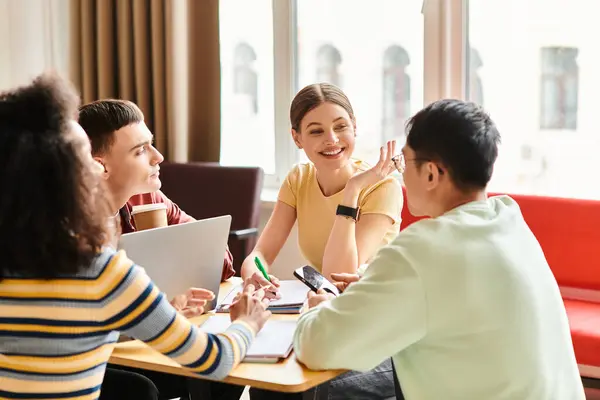 A diverse group of students of Caucasian, Asian, African American descent engaged in animated conversation around a table. — Stock Photo