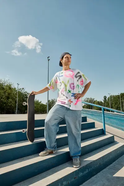 Ein junger Mann steht selbstbewusst auf einem Skateboard an der Spitze einer Treppe und bereitet sich auf den Abstieg vor. — Stockfoto