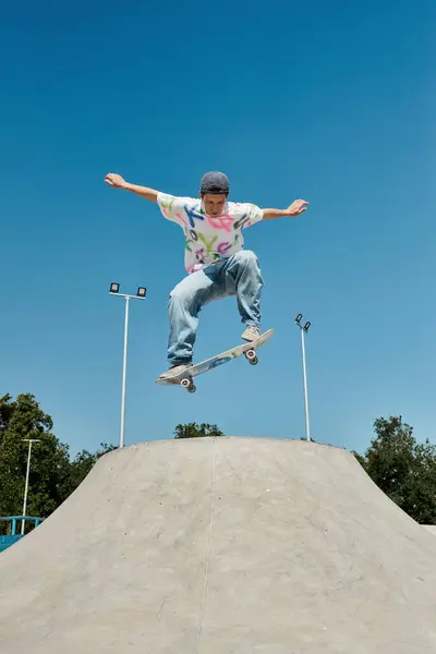 Ein junger Skater-Junge trotzt der Schwerkraft und schwebt auf seinem Skateboard in einem sonnenbeschienenen Skatepark durch die Luft. — Stockfoto