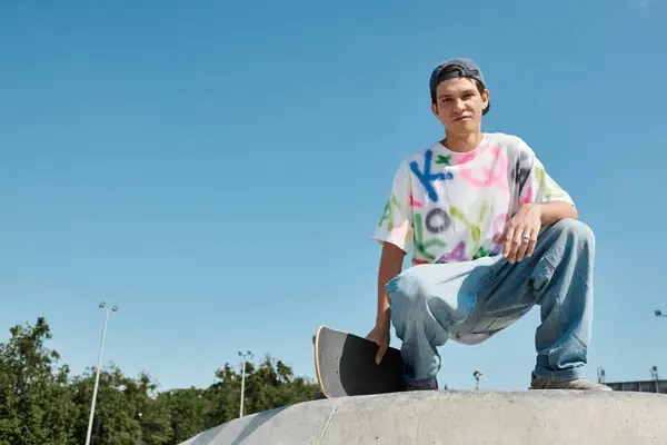 Ein junger Skater-Junge sitzt an einem sonnigen Sommertag selbstbewusst auf einer Skateboard-Rampe im Freien. — Stockfoto