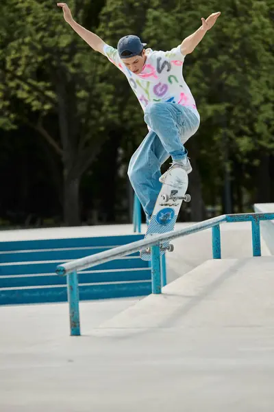 Un jeune patineur monte en toute confiance sa planche à roulettes sur le côté d'un rail dans un skate park urbain animé par une journée d'été ensoleillée. — Photo de stock