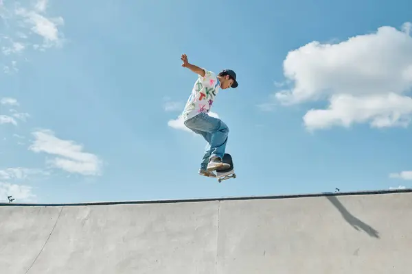 A young skater boy fearlessly riding a skateboard up the side of a ramp in a vibrant outdoor skate park on a sunny summer day. — Stock Photo