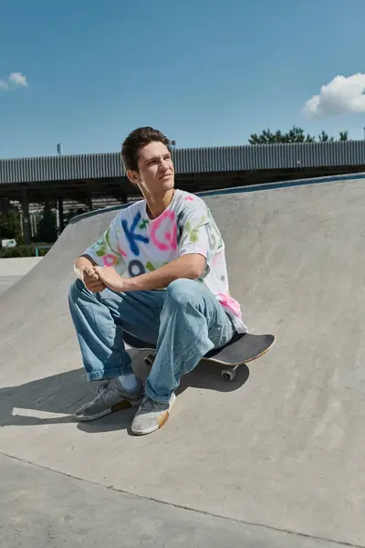 A young skater boy confidently sits on his skateboard at a colorful skate park on a sunny day. — Stock Photo