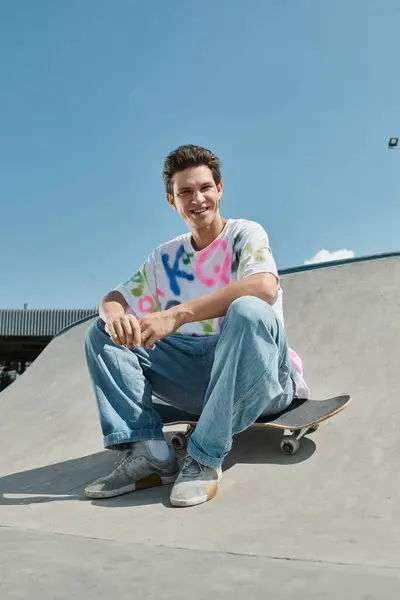 Ein junger Mann gleitet mühelos auf seinem Skateboard und zeigt an einem sonnigen Sommertag sein Können im lebhaften Skatepark. — Stockfoto