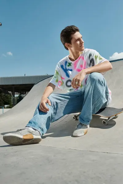 Young skater boy finds his flow as he sits confidently on his skateboard at the vibrant skate park on a sunny summer day. — Stock Photo