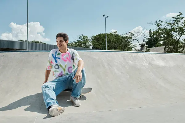 Ein junger Skater-Junge sitzt an einem sonnigen Tag auf seinem Skateboard in einem lebhaften Skatepark, bereit zum Kicken und Pushen. — Stockfoto