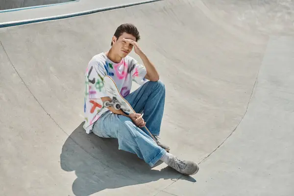 Ein junger Skater-Junge sitzt an einem sonnigen Tag friedlich auf seinem Skateboard in einem lebhaften Skatepark. — Stockfoto