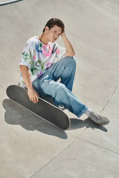 Ein junger Mann genießt an einem sonnigen Sommertag den Nervenkitzel des Skateboardens in einem lebhaften Skatepark. — Stockfoto
