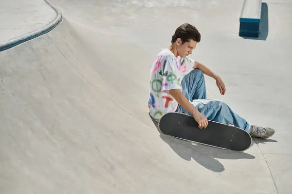 Молодой человек в полной концентрации, сидя на скейтборде, скользя по яркому скейт-парку в солнечный летний день. — стоковое фото