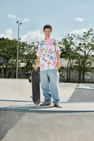 A young man enjoying a summer day at a vibrant skate park, holding a skateboard and ready for a ride. — Stock Photo