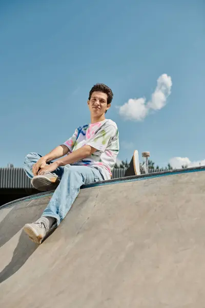 A young skater boy sits calmly at the top of a skateboard ramp in a vibrant outdoor skate park on a sunny summer day. — Stock Photo