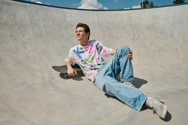 Um jovem patinador encontra paz sentado em um skate em um movimentado parque de skate em um dia ensolarado de verão. — Fotografia de Stock