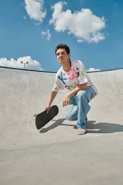 Ein junger Mann kniet mit einem Skateboard in der Hand in einem sonnigen Skatepark. — Stockfoto