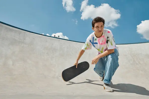 Ein junger Mann strahlt Energie aus, als er an einem sonnigen Sommertag sein Skateboard in einem lebhaften Skatepark hält. — Stockfoto