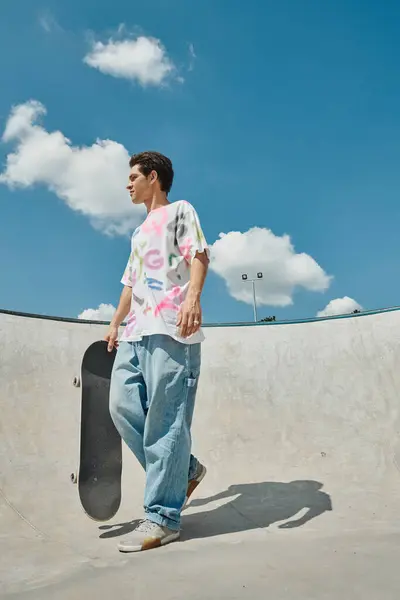 Un jeune homme tient en toute confiance une planche à roulettes dans un cadre de skate park animé par une journée ensoleillée. — Photo de stock