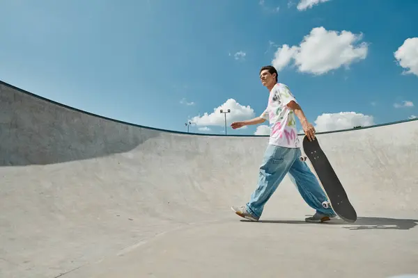 Un jeune homme profite d'une promenade tranquille avec une planche à roulettes à la main dans un skate park animé par une journée d'été ensoleillée. — Photo de stock