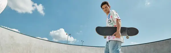 Ein junger Mann hält ein Skateboard in der Hand, das an einem sonnigen Tag in einem lebhaften Skatepark steht und ein Gefühl von Stil und Freiheit ausstrahlt. — Stockfoto
