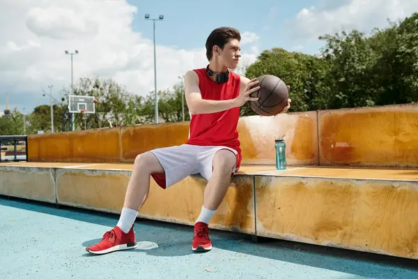 A young man sitting on a bench, deep in thought, holding a basketball on a sunny day. — Stock Photo